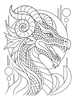 An intricate abstract dragon coloring page showing a serpent-like head with curled horns and scales.