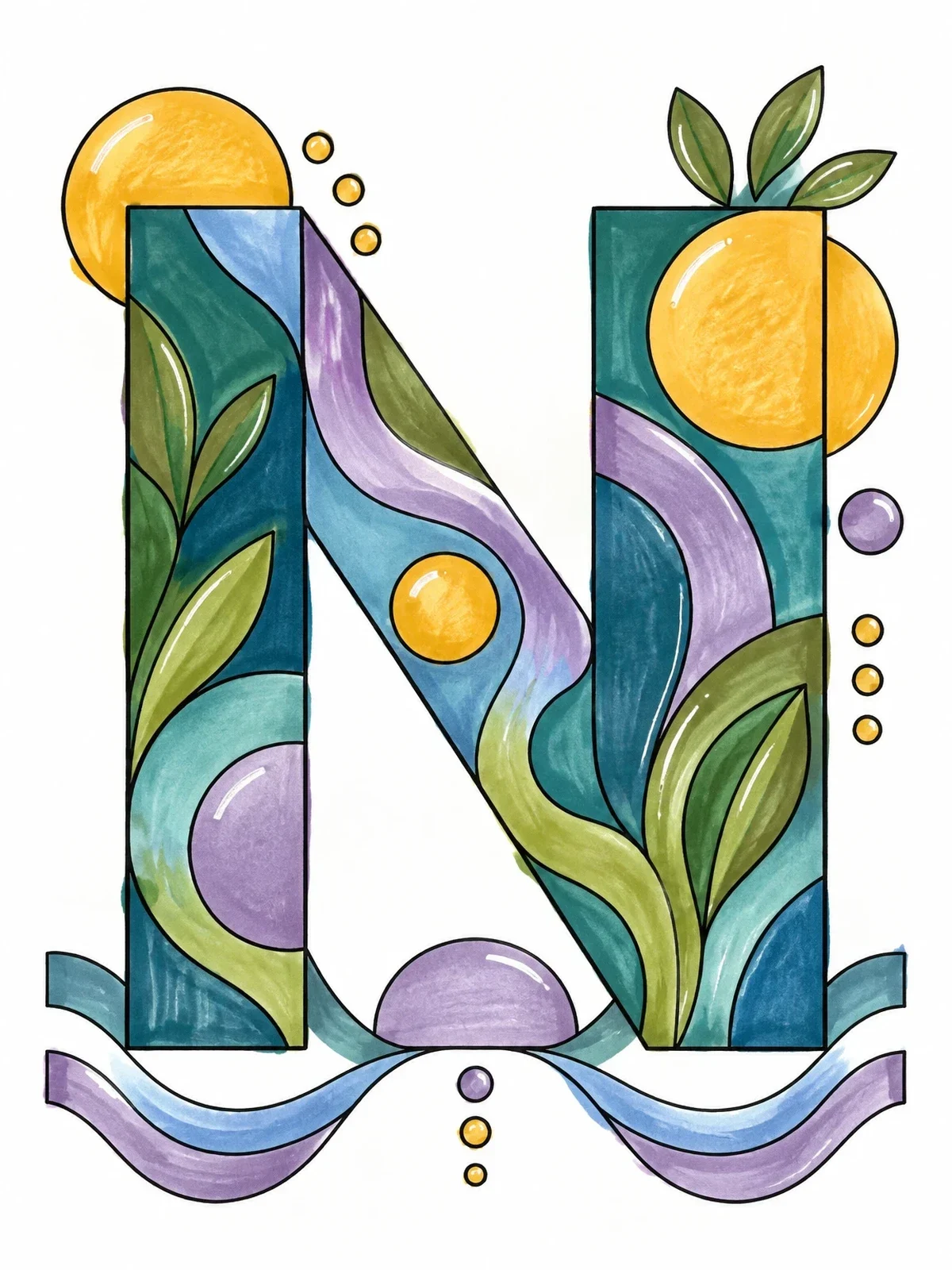 Colored example of the Abstract Modern Capital Letter N coloring page