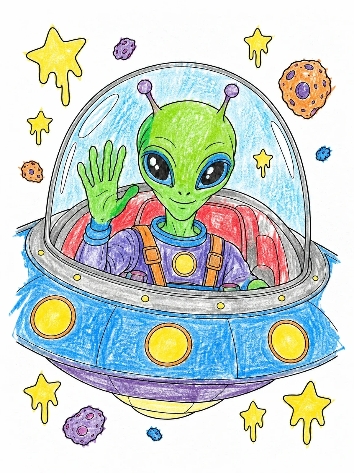 Colored example of the Alien Pilot In Flying Saucer coloring page