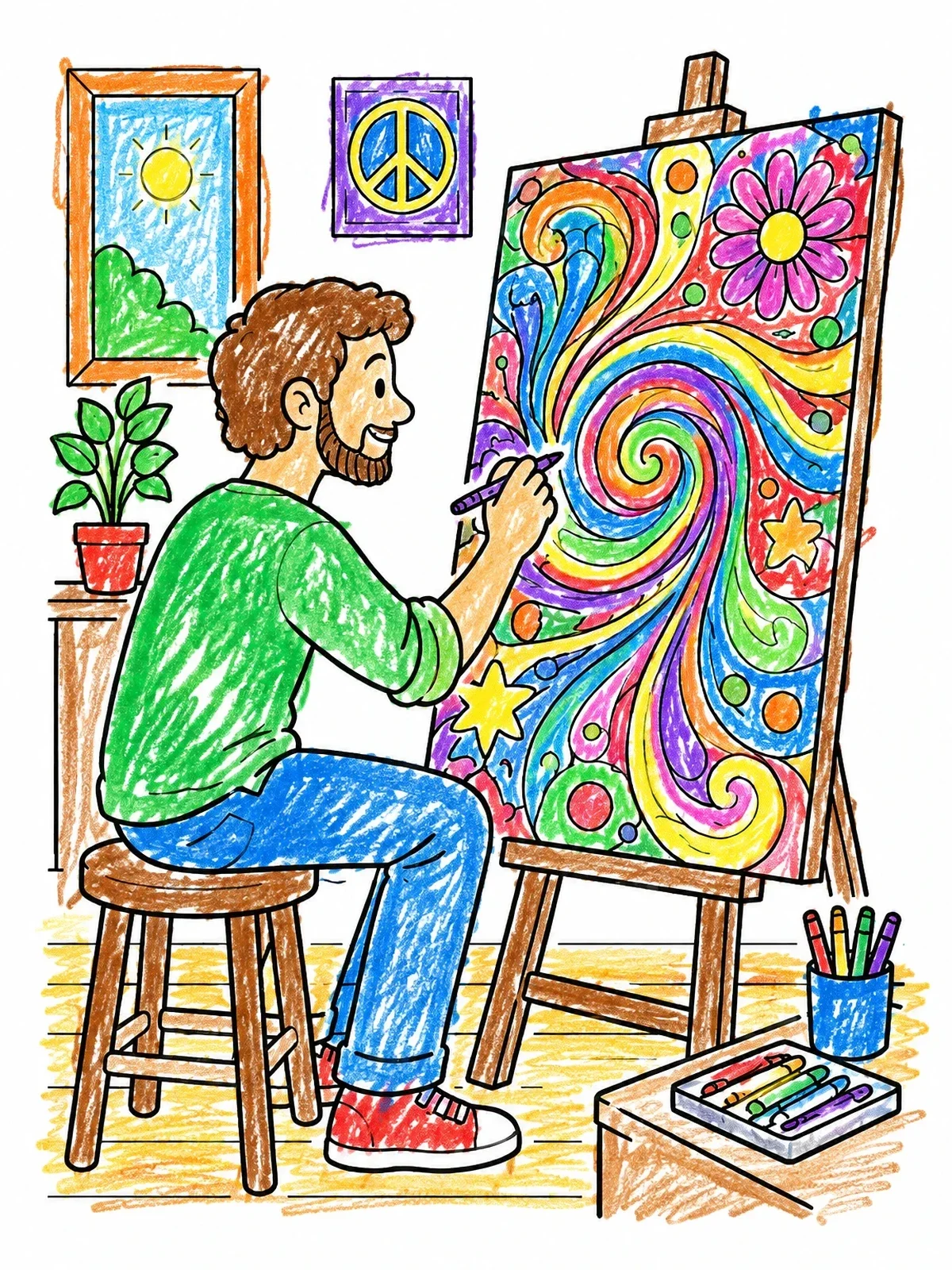 Colored example of the Artist Painting Swirling Canvas Art coloring page