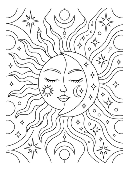 Celestial acid psychedelic coloring page showing a serene sun and crescent moon face among wavy rays and stars.
