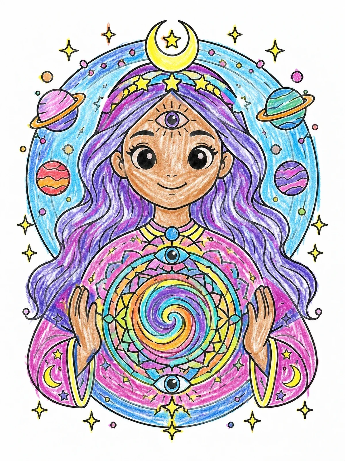 Colored example of the Cosmic Fortune Teller With Crystal Mandala coloring page