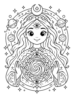 Free printable Cosmic Fortune Teller With Crystal Mandala coloring page