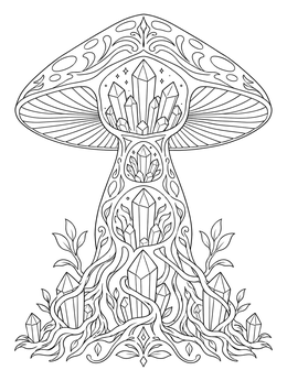 A fantastical acid psychedelic coloring page showing a crystal-filled mushroom cross section with roots.