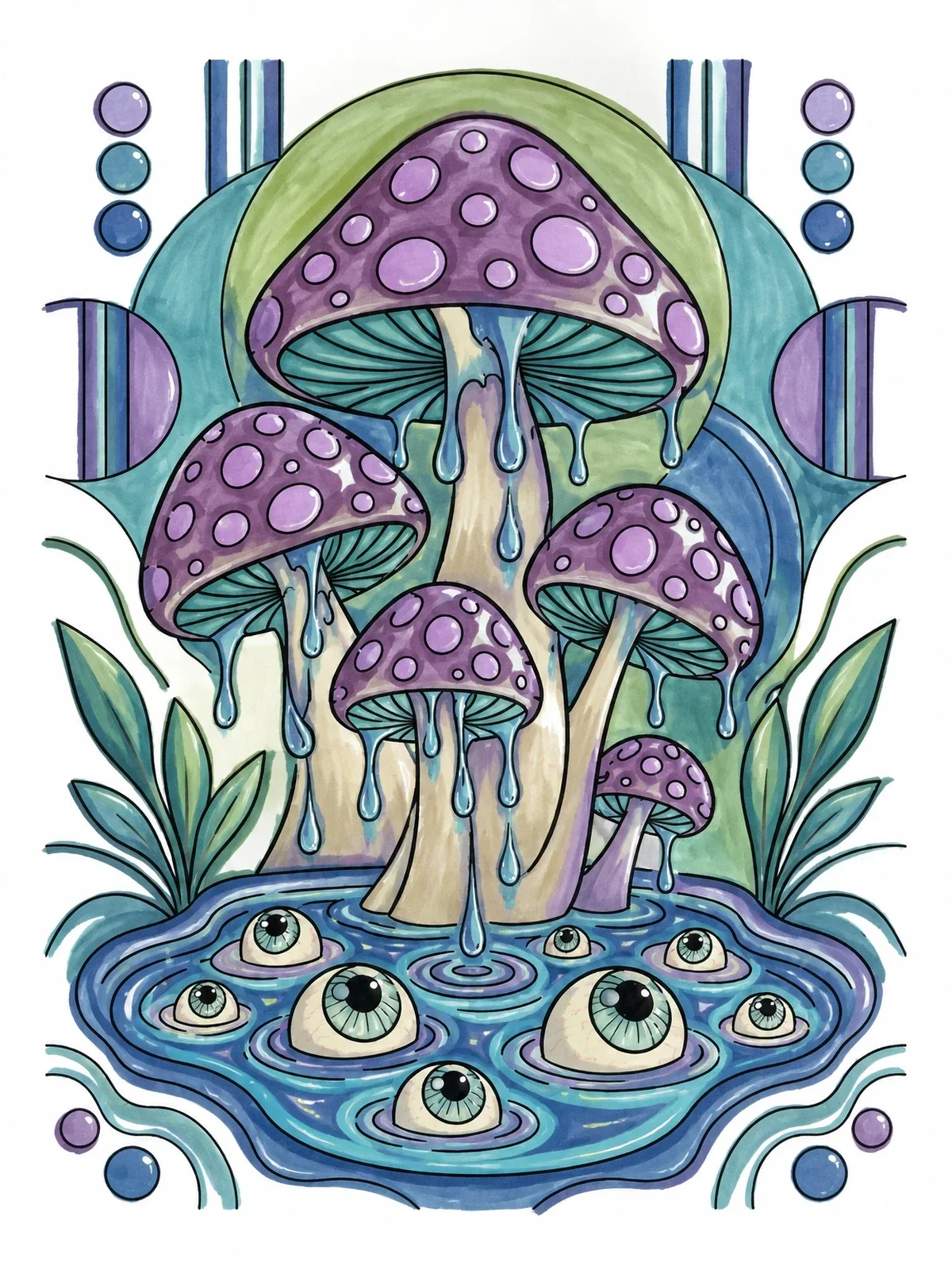 Colored example of the Surreal Dripping Mushrooms And Eyeball Pond coloring page