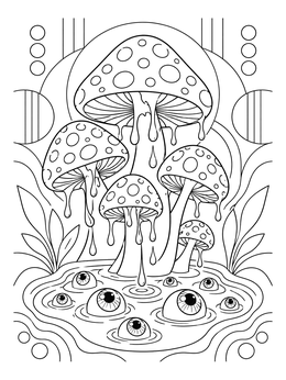 Dripping mushrooms over an eyeball pond in this acid psychedelic coloring page.
