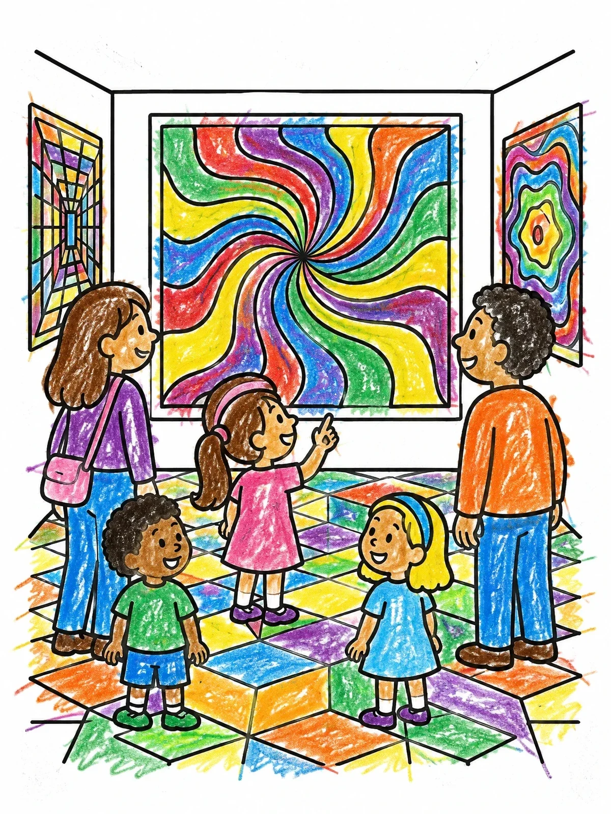 Colored example of the Family Visiting An Optical Illusion Museum coloring page