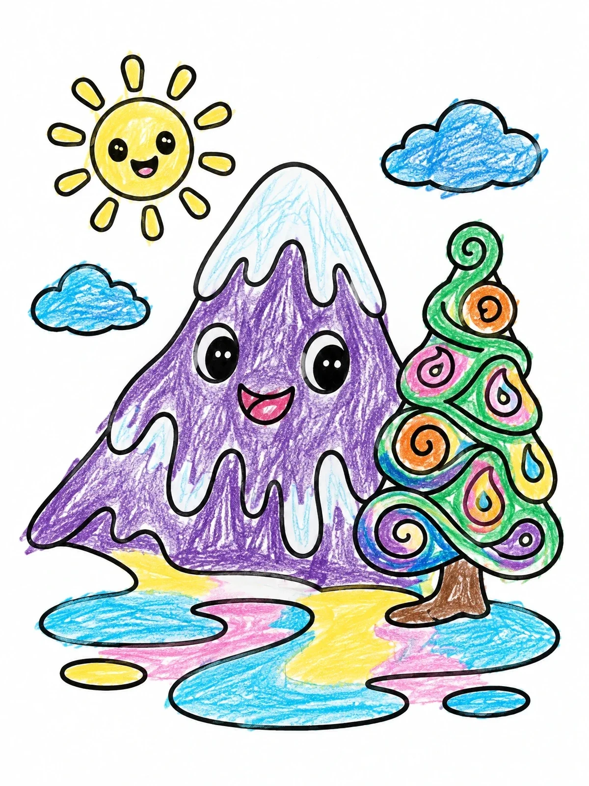 Colored example of the Happy Melting Mountain And Swirly Tree coloring page