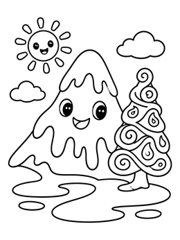 Free printable Happy Melting Mountain And Swirly Tree coloring page