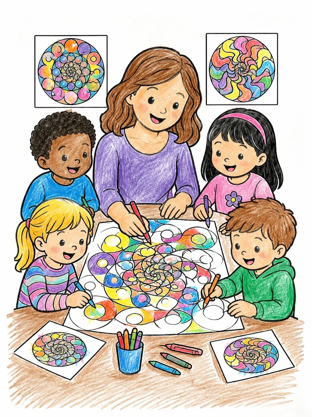Colored example of the Family Drawing Swirling Patterns Together coloring page