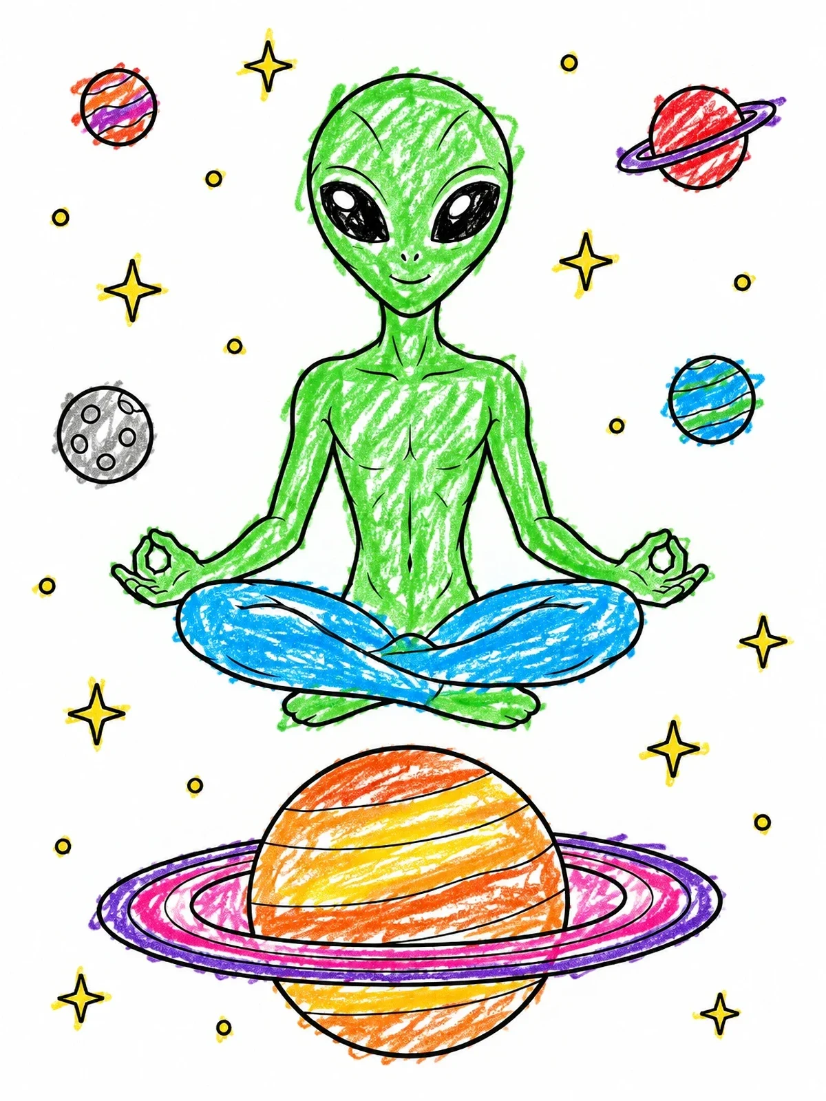 Colored example of the Meditating Alien Floating In Space coloring page