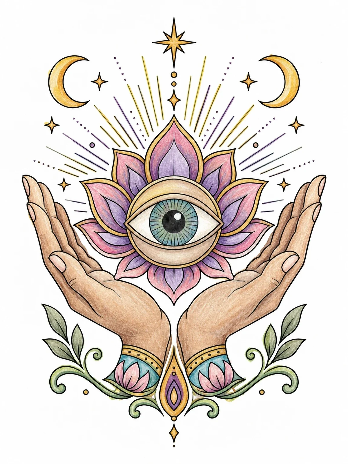 Colored example of the Mystical Eye And Open Palms coloring page