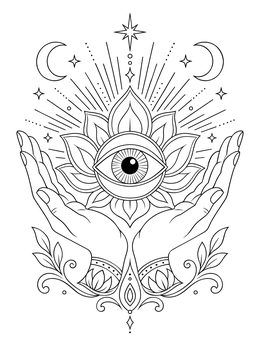 An acid psychedelic coloring page showing open palms holding a lotus flower with a radiant cosmic eye.