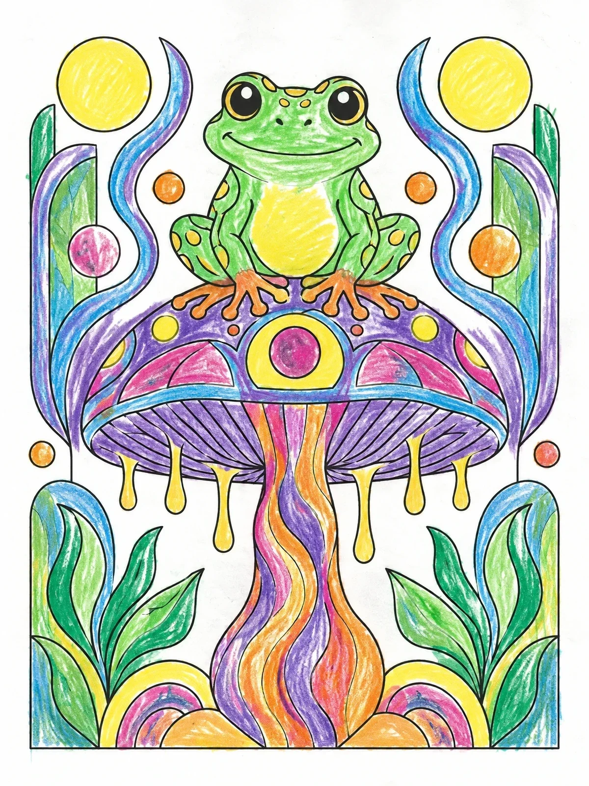 Colored example of the Psychedelic Frog On A Mushroom coloring page