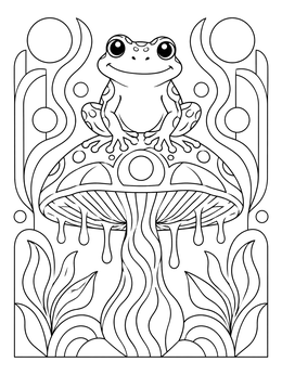 An acid psychedelic coloring page featuring a cute toad perched on a dripping patterned mushroom cap.