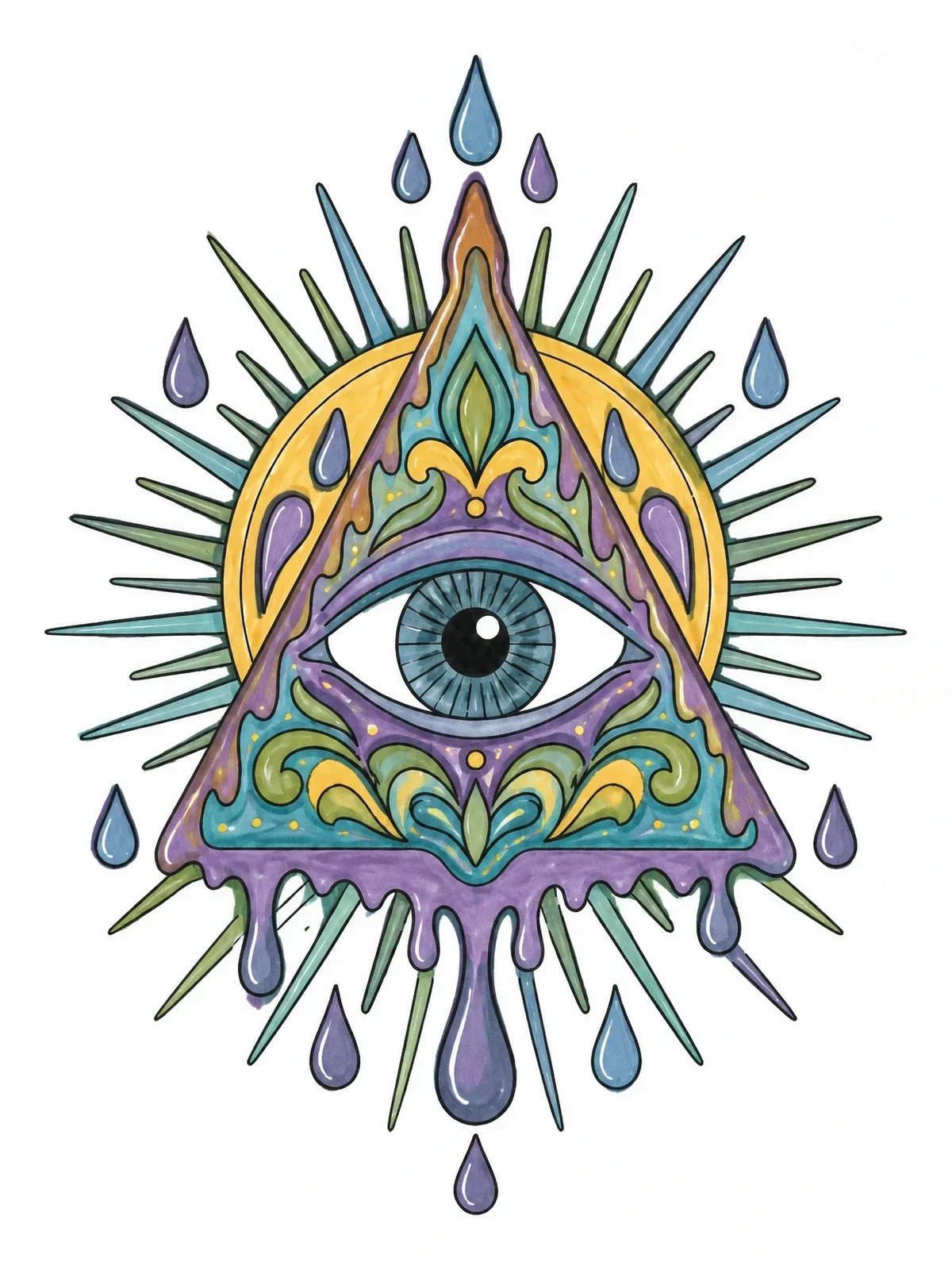 Colored example of the Melting Eye In A Sunburst Triangle coloring page