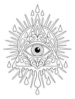 An acid psychedelic coloring page displaying a mystical all-seeing eye in a melting sacred triangle.