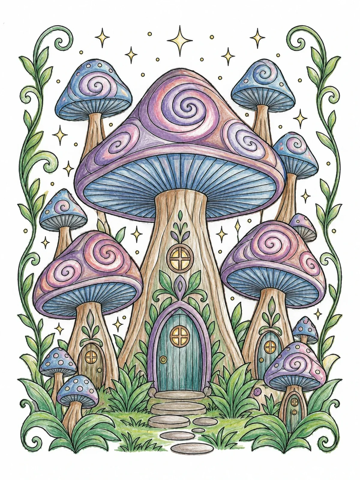 Colored example of the Psychedelic Mushroom Village coloring page