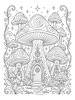 An acid psychedelic coloring page of giant spiral-capped mushroom houses surrounded by stars and vines.
