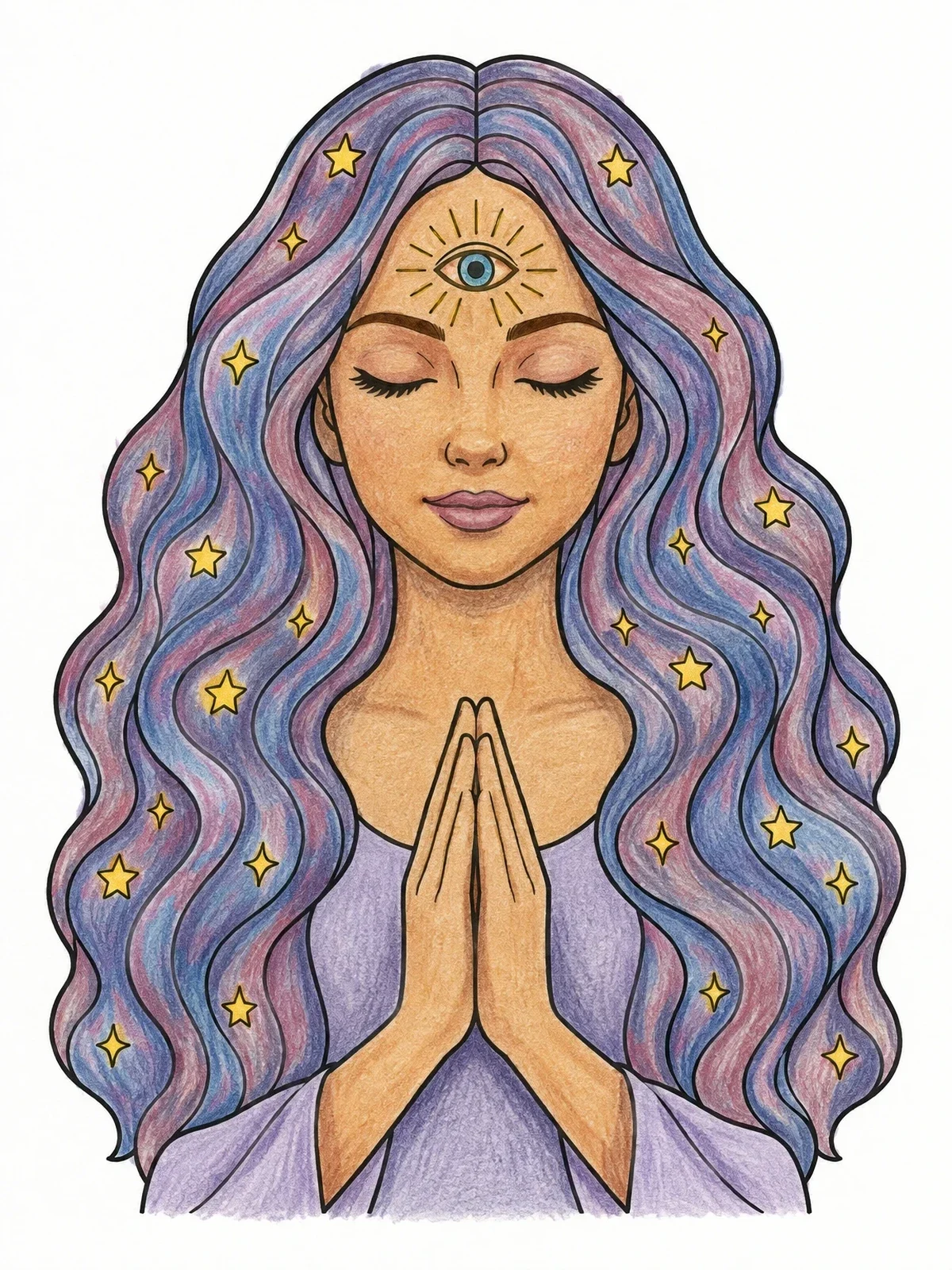 Colored example of the Serene Woman With Third Eye coloring page