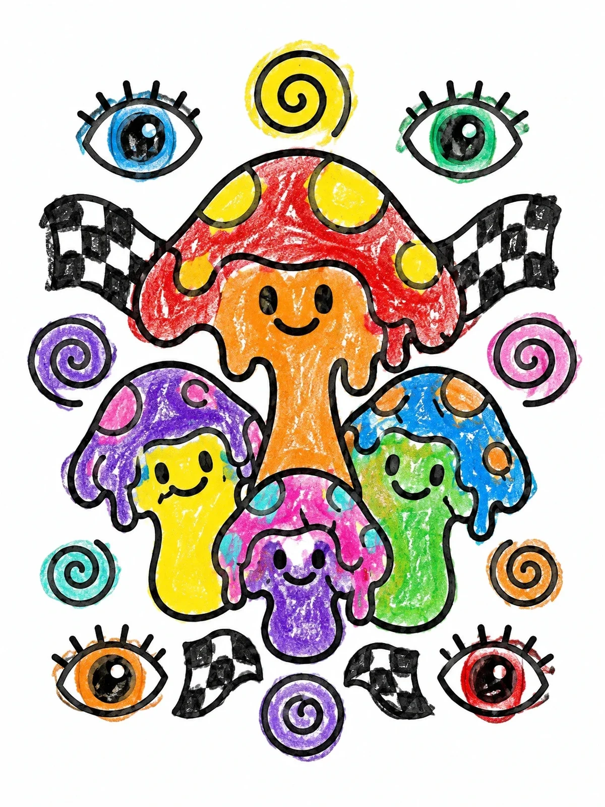 Colored example of the Smiling Melting Mushrooms And Swirls coloring page