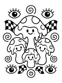 Free printable Smiling Melting Mushrooms And Swirls coloring page