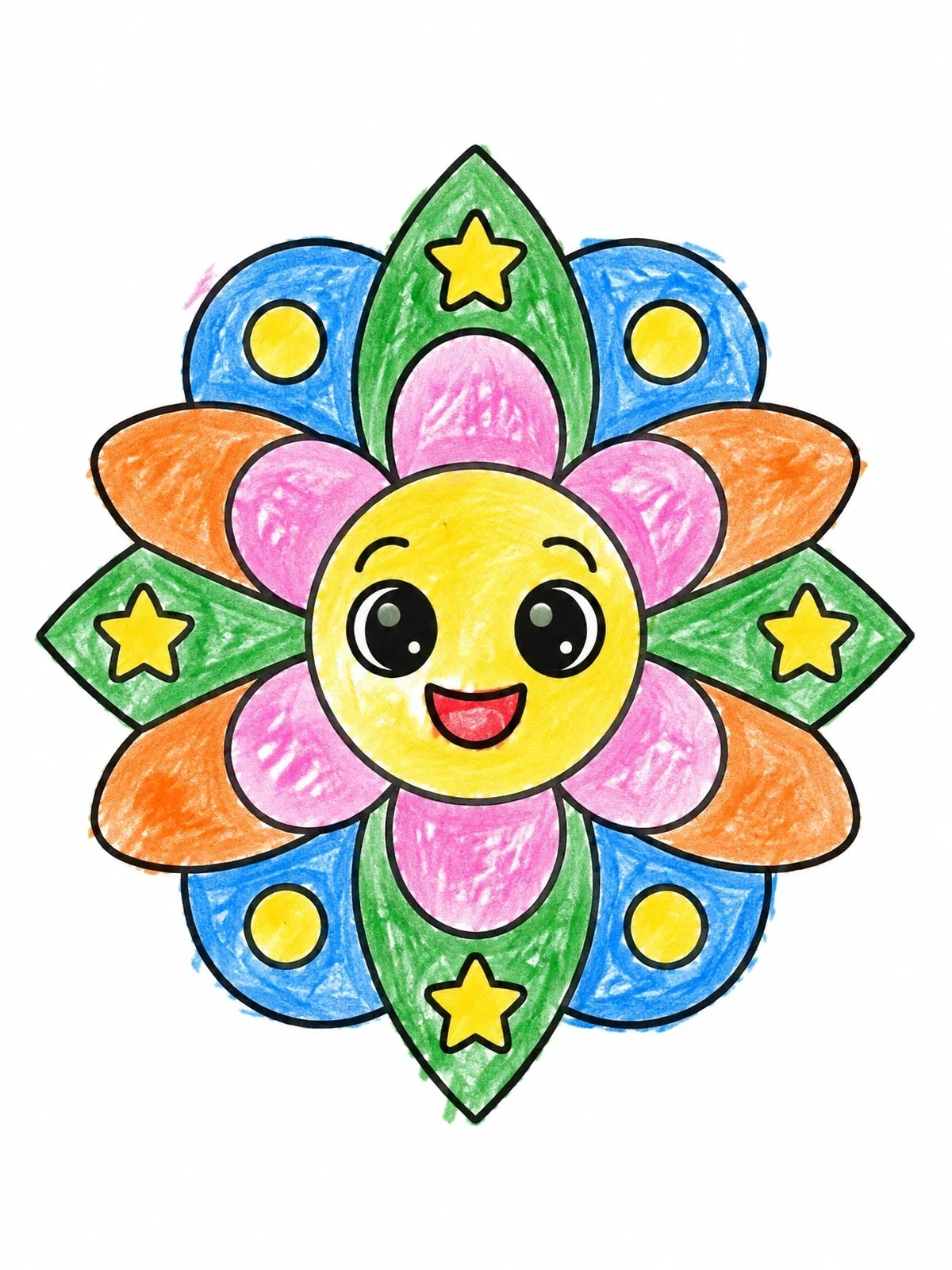 Colored example of the Smiling Sun Flower Mandala coloring page