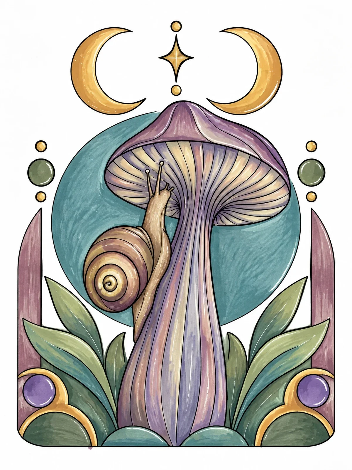 Colored example of the Snail On Mushroom With Twin Moons coloring page