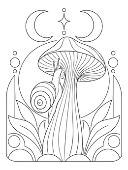 A mystical snail climbs a tall mushroom framed by celestial symbols in an acid psychedelic coloring page.