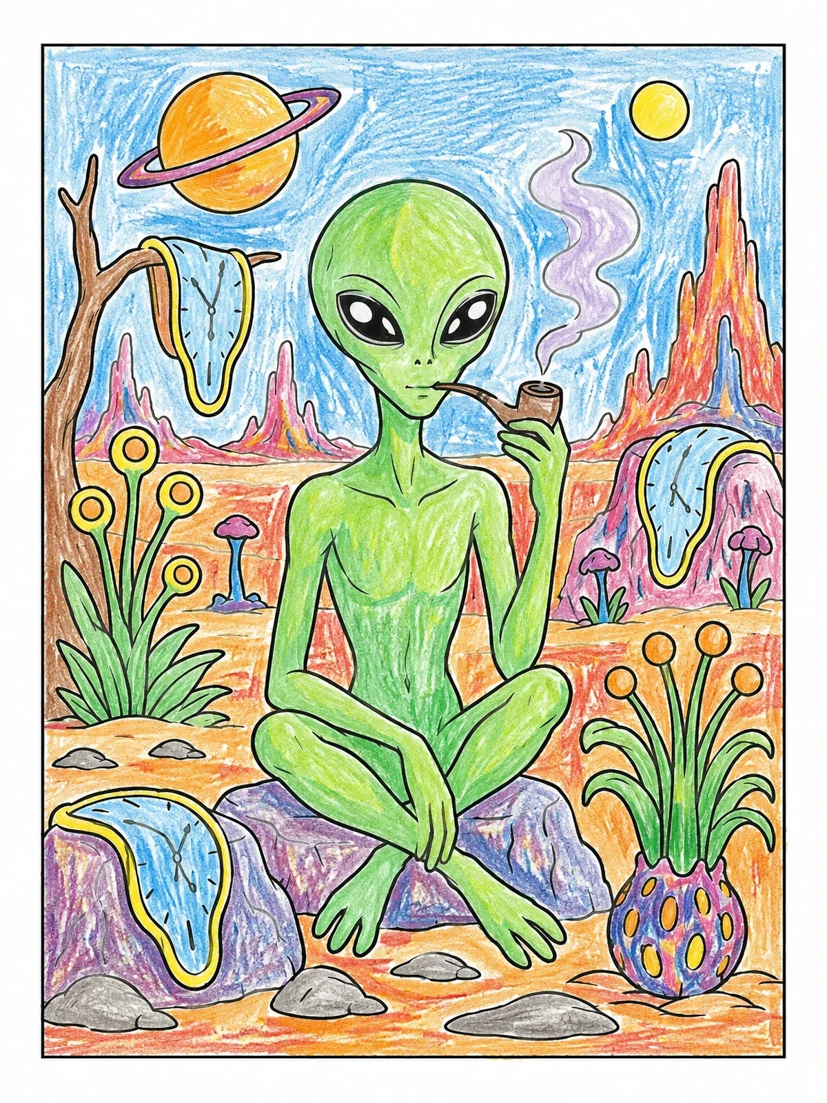Colored example of the Surreal Alien With Melting Clocks coloring page