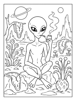 Free printable Surreal Alien With Melting Clocks coloring page