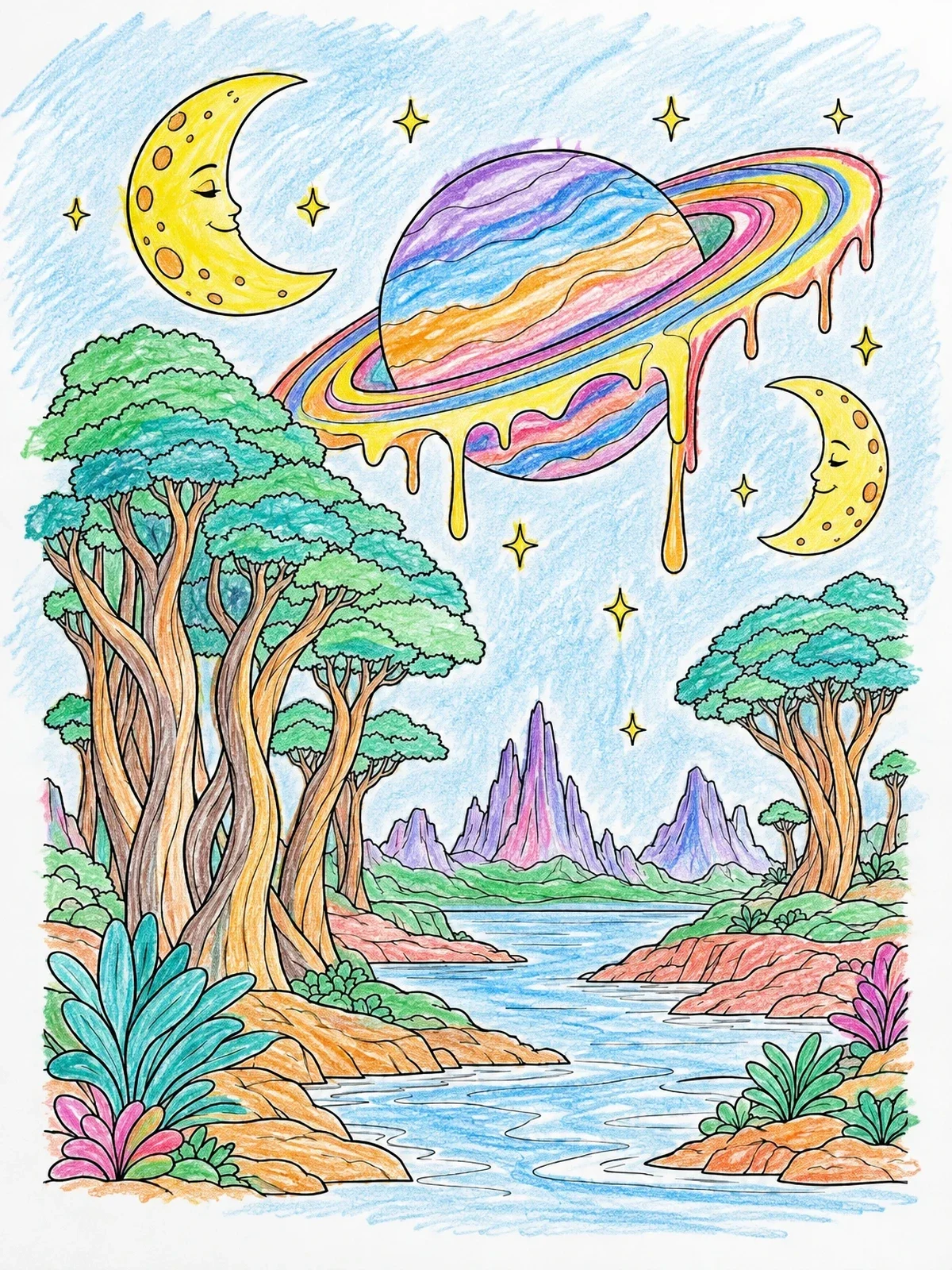 Colored example of the Surreal Planet With Melting Rings coloring page
