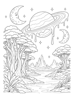 Free printable Surreal Planet With Melting Rings coloring page
