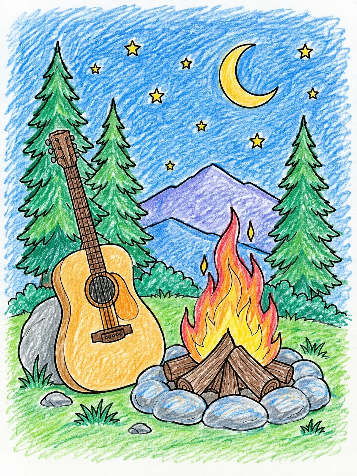 Colored example of the Acoustic Guitar Beside A Cozy Campfire coloring page