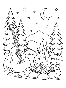 Free printable Acoustic Guitar Beside A Cozy Campfire coloring page