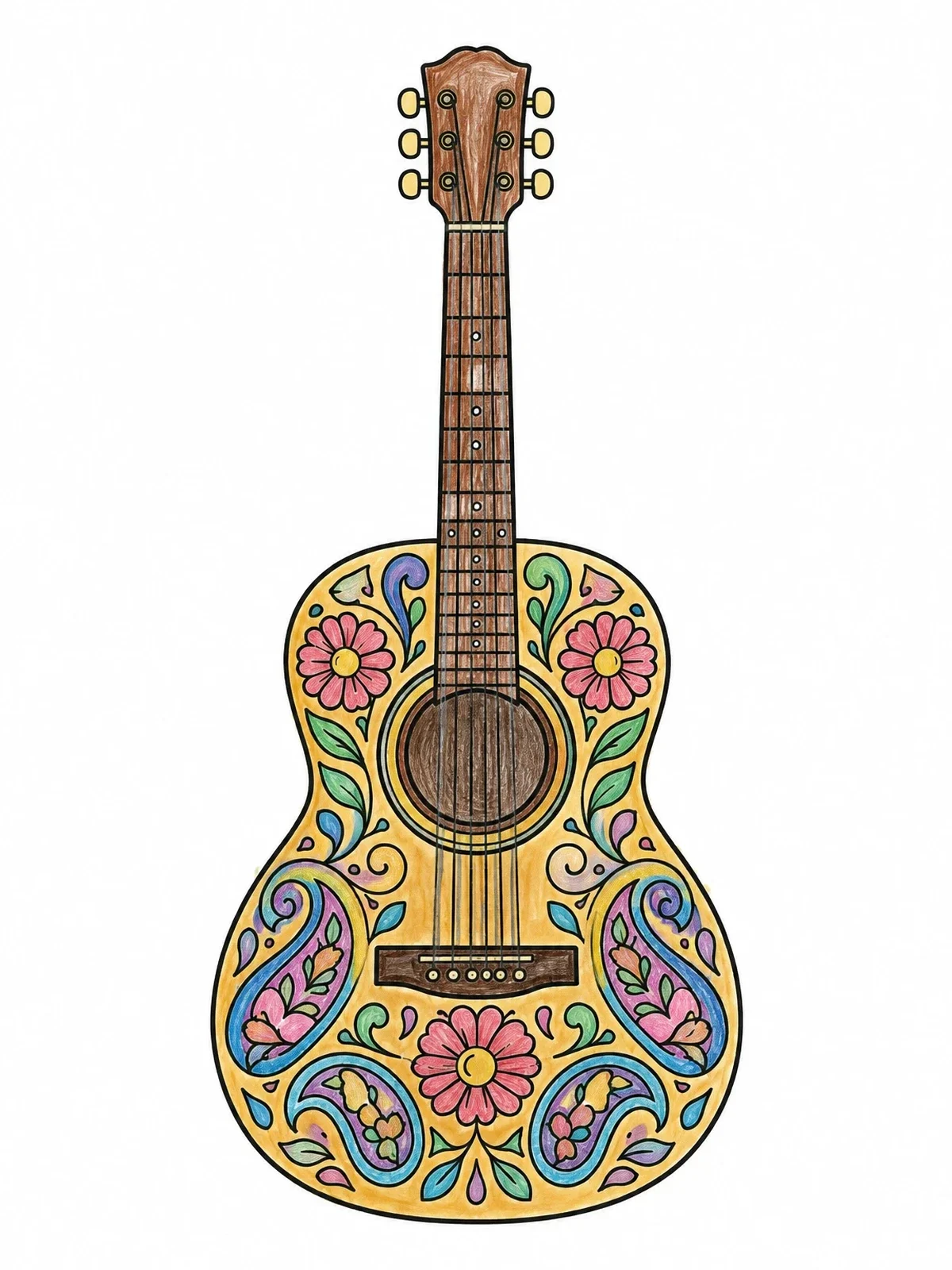 Colored example of the Acoustic Guitar With Floral Patterns coloring page