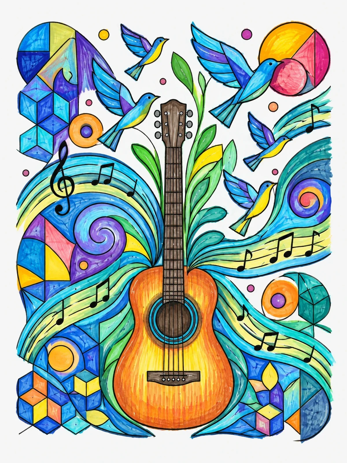 Colored example of the Acoustic Guitar With Birds And Waves coloring page