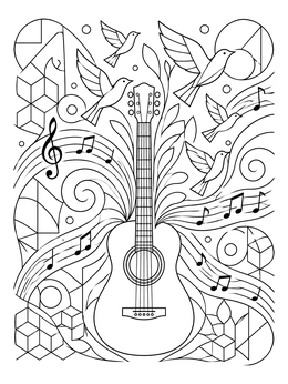 Free printable Acoustic Guitar With Birds And Waves coloring page
