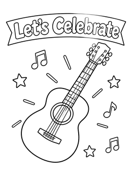 An acoustic guitar surrounded by music notes on this cinco de mayo coloring page.