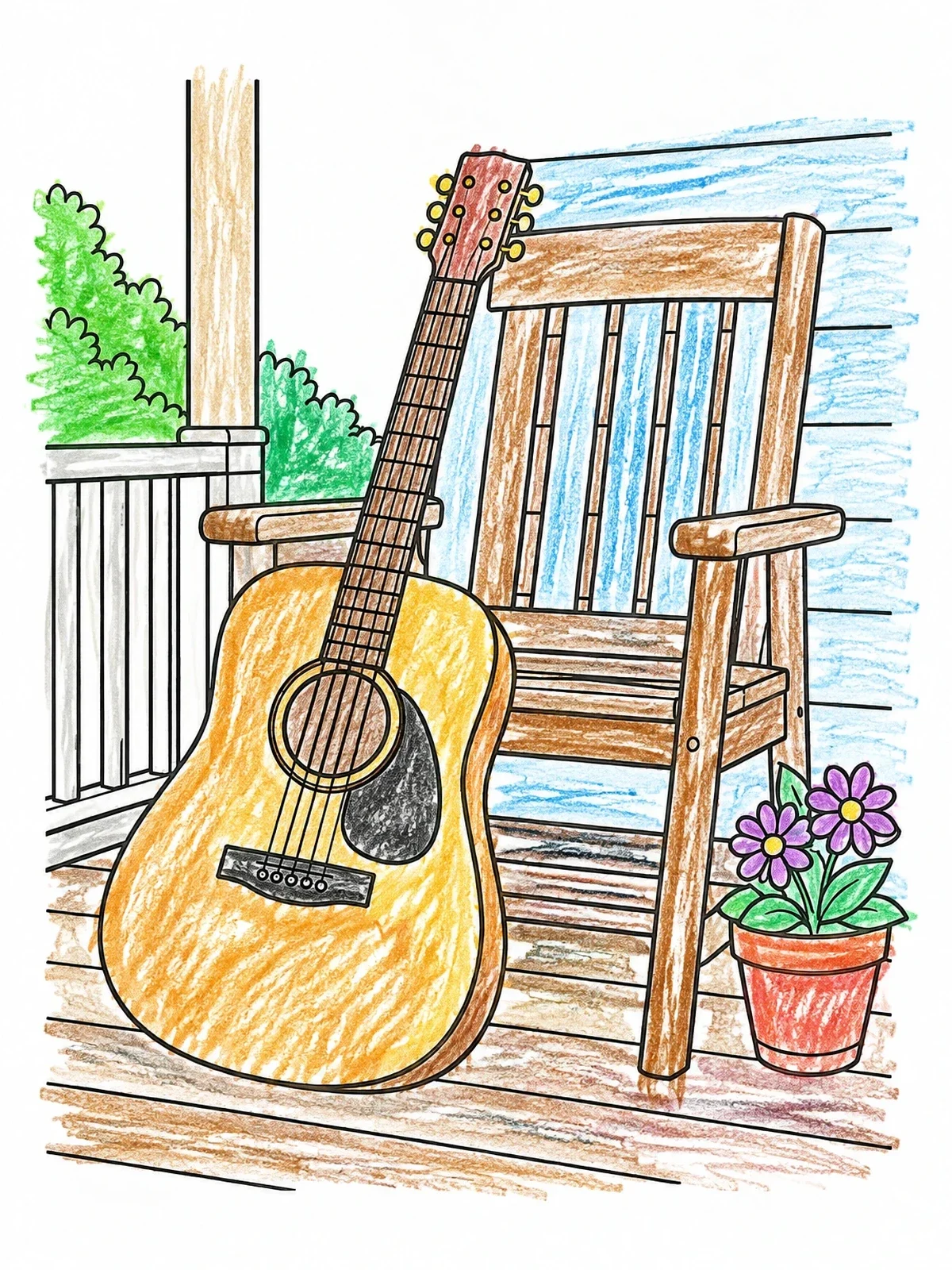 Colored example of the Acoustic Guitar On The Porch coloring page