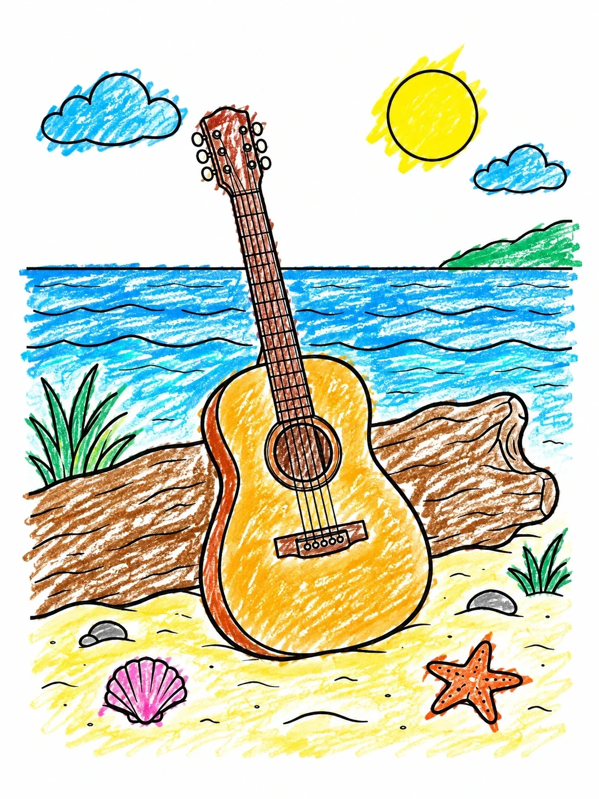 Colored example of the Acoustic Guitar On Sunny Beach coloring page