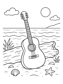 Free printable Acoustic Guitar On Sunny Beach coloring page