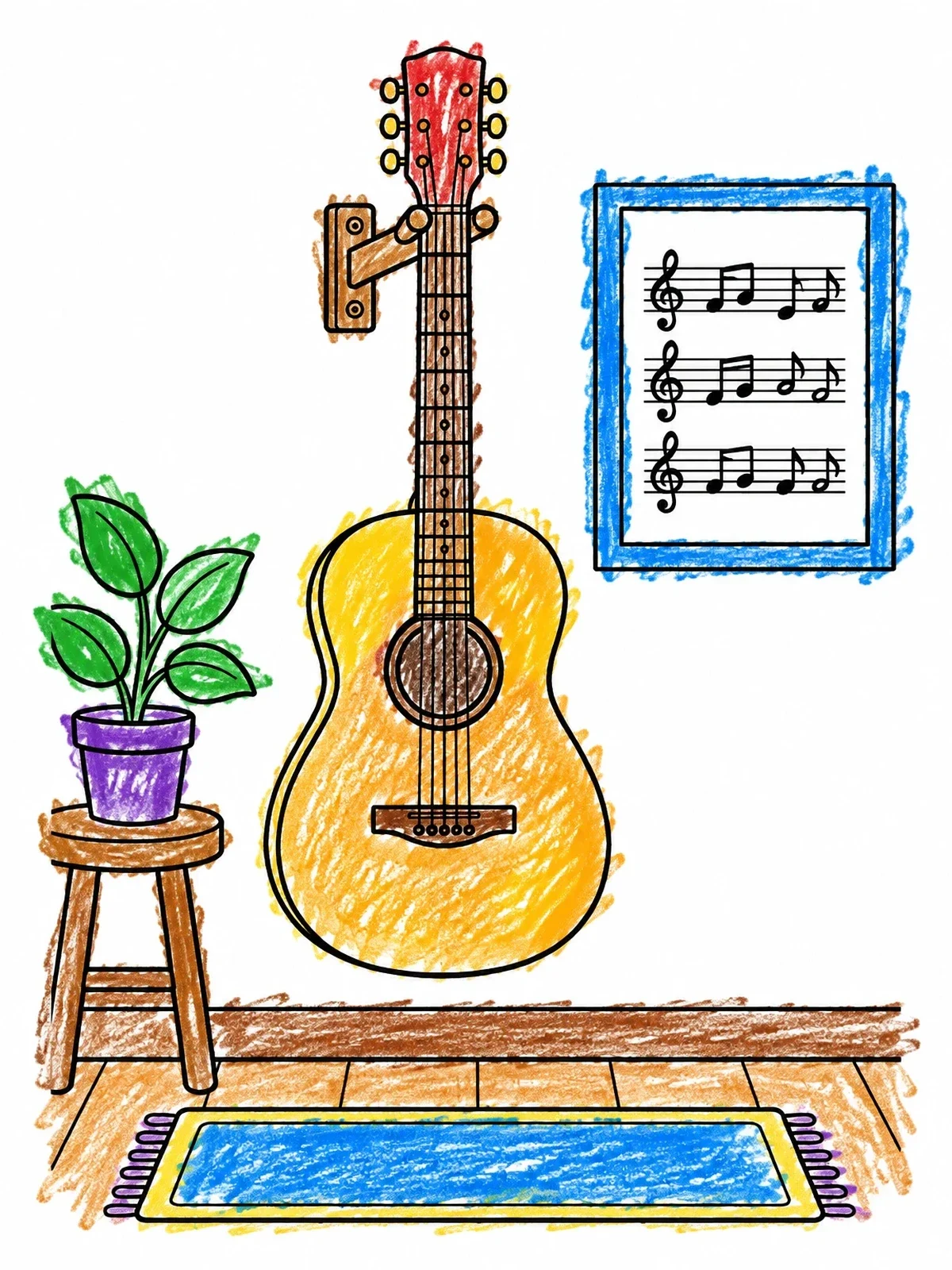 Colored example of the Acoustic Guitar Hanging On Wall coloring page