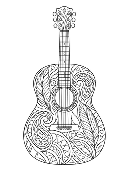 Free printable Acoustic Guitar With Paisley And Feather Patterns coloring page