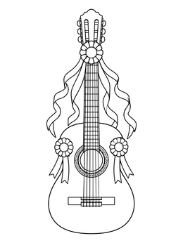 A decorative acoustic guitar surrounded by ribbons on this cinco de mayo coloring page.