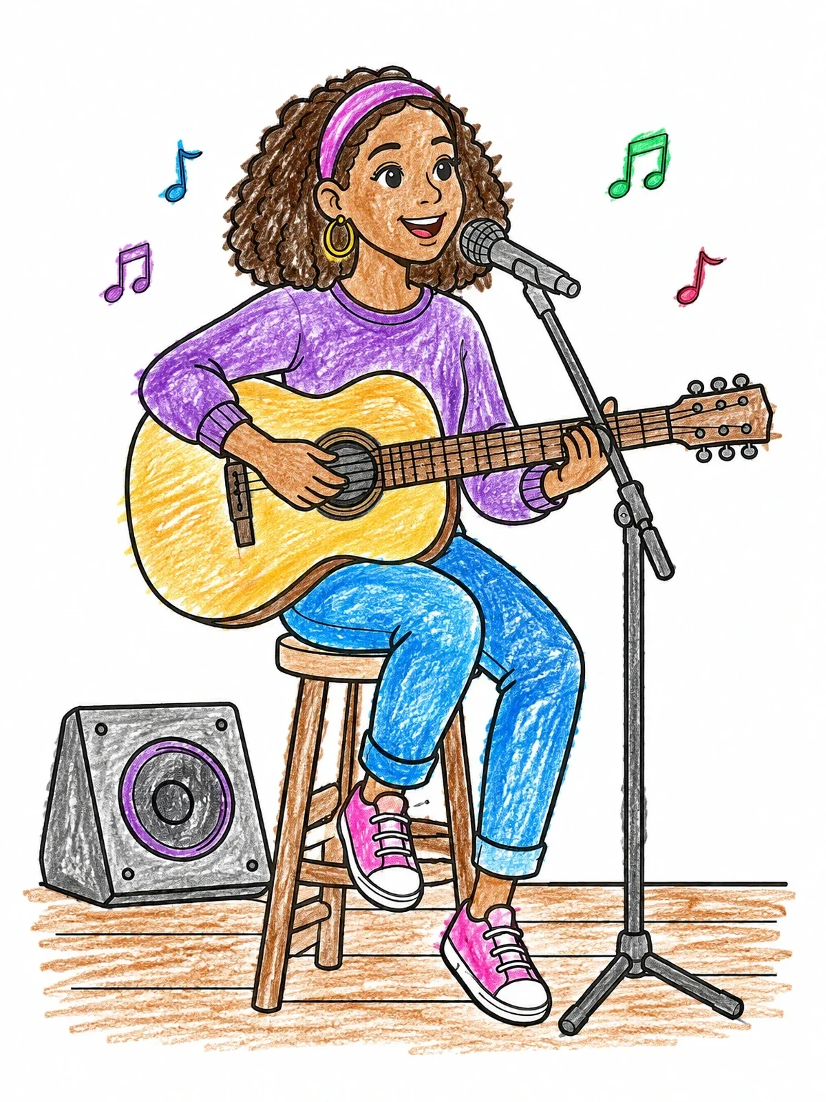 Colored example of the Acoustic Pop Singer On Stool coloring page