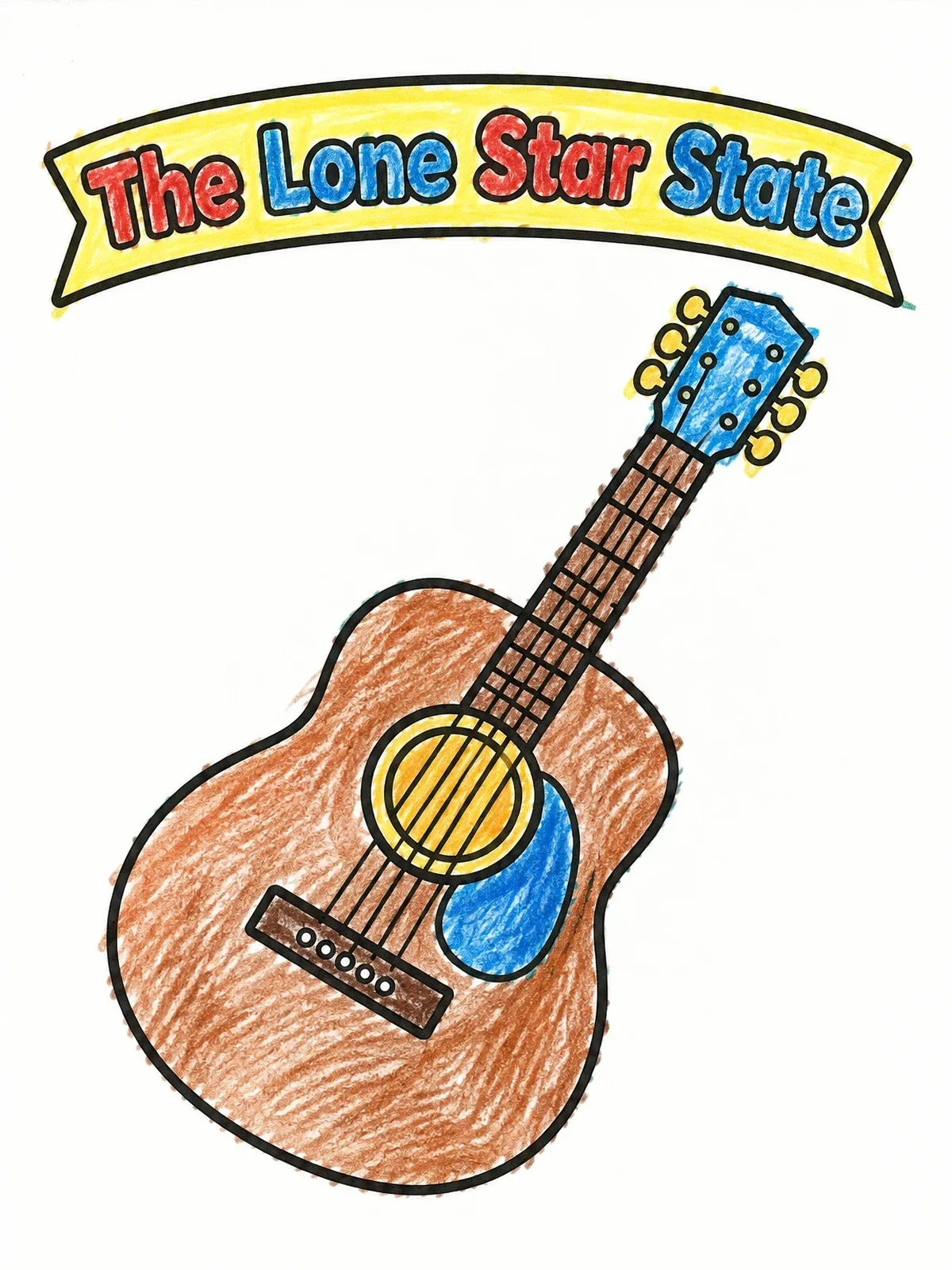 Colored example of the Acoustic Western Guitar Lone Star State coloring page
