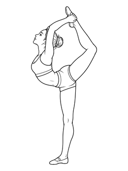 A flexible dancer performs a scorpion backbend on this dance coloring page.
