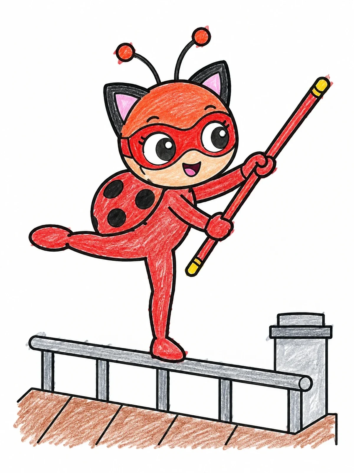 Colored example of the Acrobatic Ladybug Hero On Rooftop coloring page