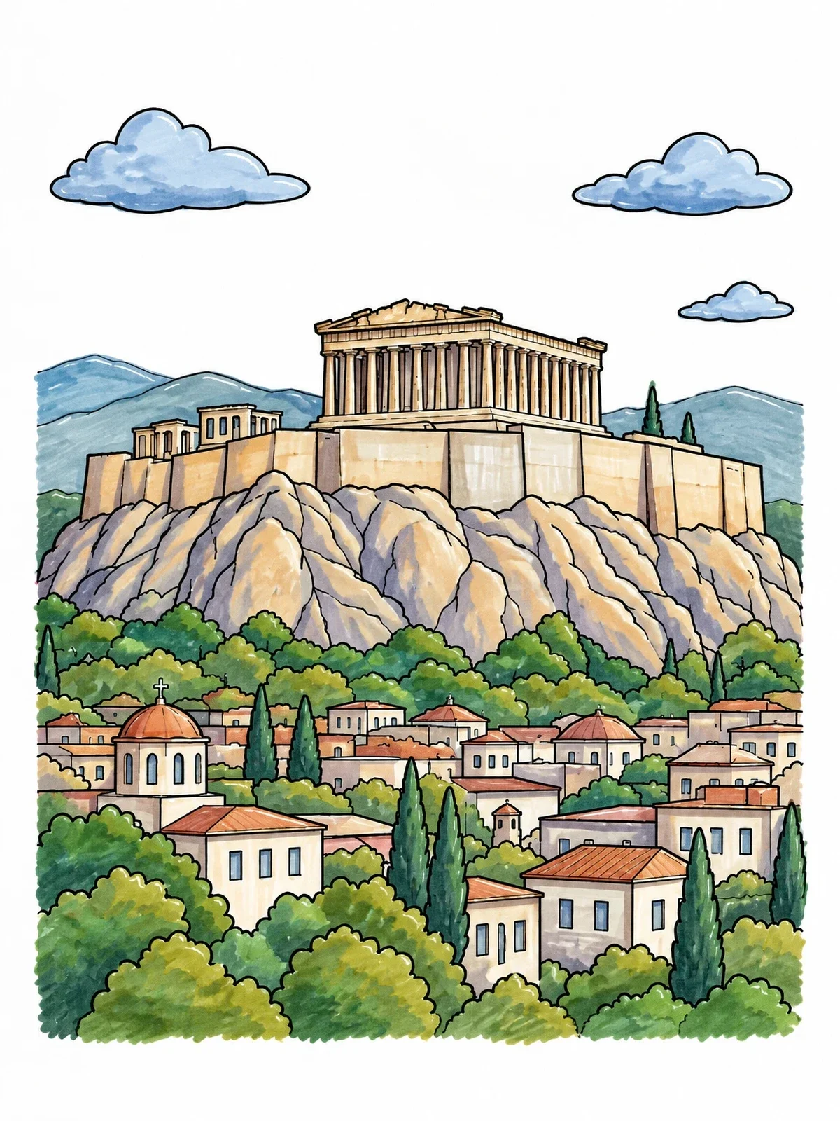 Colored example of the Acropolis And Parthenon Over Athens coloring page